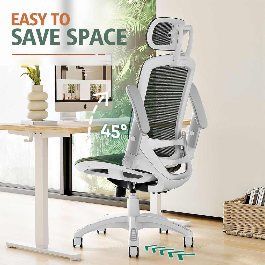 GABRYLLY Ergonomic Office Chair, High Back Home Desk Chair with Headrest, Flip-Up Arms, 90-120° Tilt Lock and Wide Cushion, Big and Tall Mesh Chairs for Man Woman, Grey Task Chair