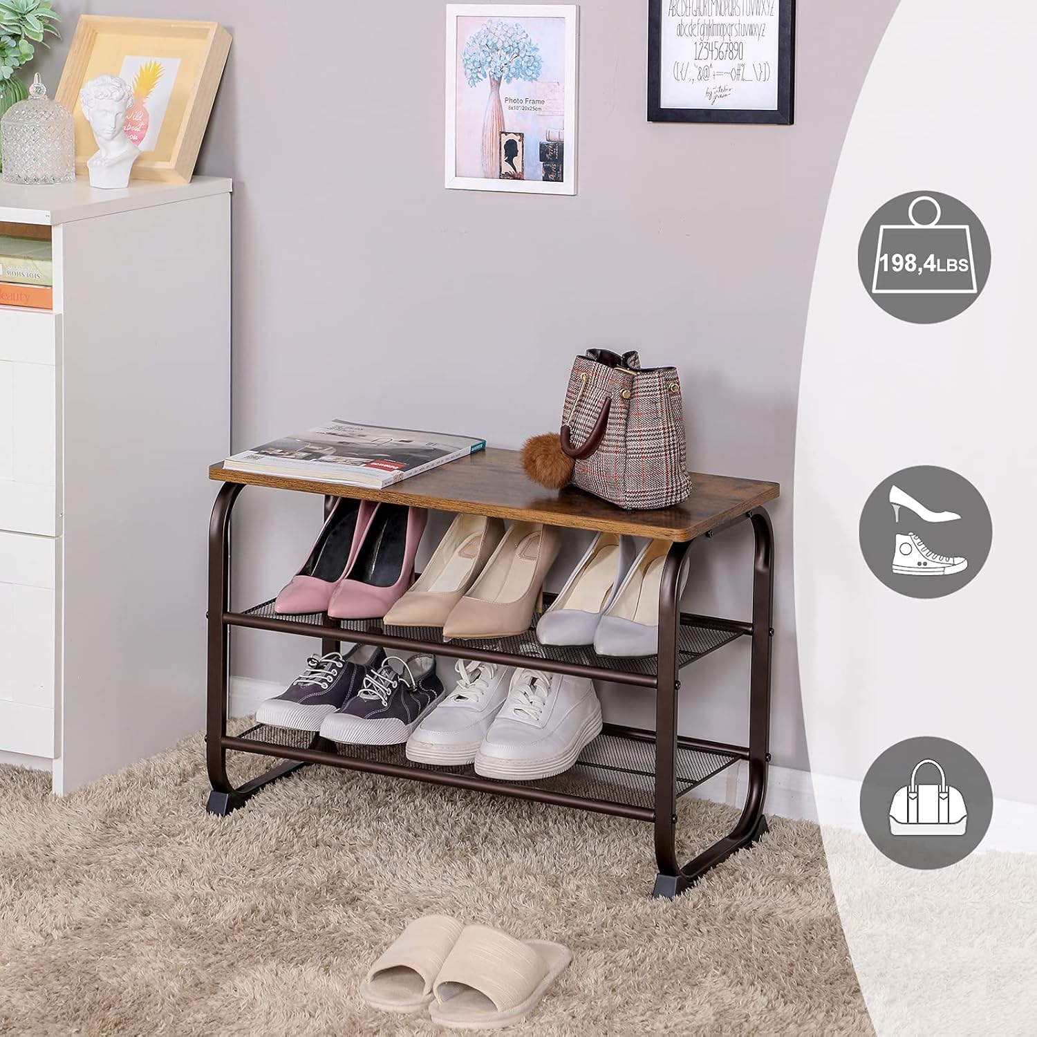 VASAGLE Shoe Bench, Storage Bench with Cupboard and 9 Open Compartments, Shoe Shelf, Padded Seat, Barn Door, 11.8 x 43.3 x 18.9 Inches, Rustic Brown ULHS058X01