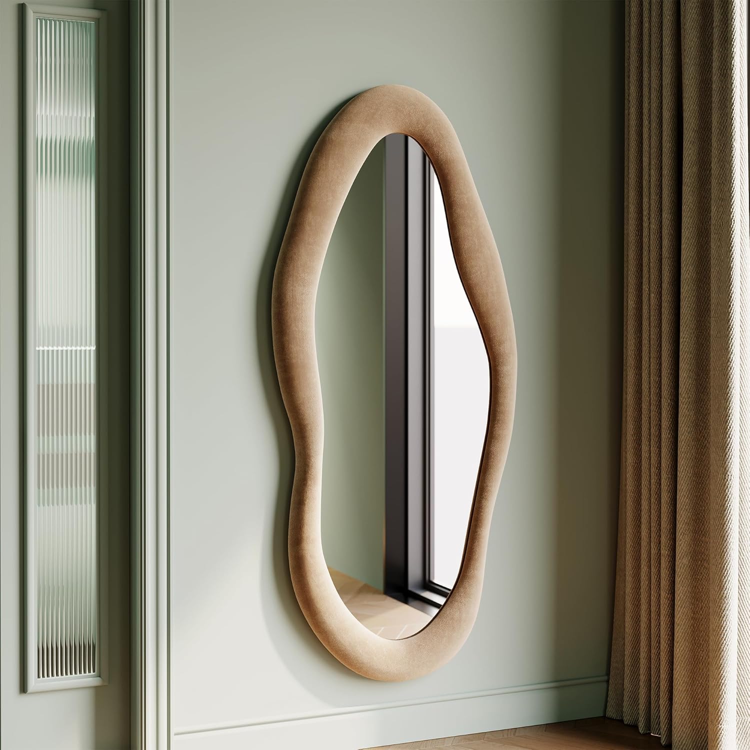Honyee Full Length Mirror, 63" x 24" Wall Mirror, Flannel Wrapped Wooden Frame Full Body Mirror, Irregular Wavy Mirror Hanging or Leaning Against Wall for Cloakroom/Bedroom/Living Room, Ivory White
