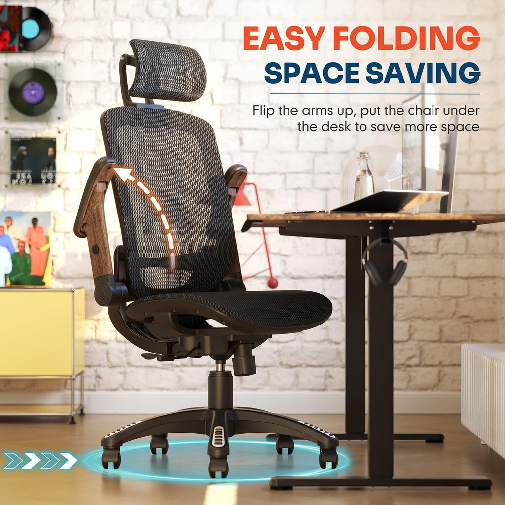 GABRYLLY Ergonomic Office Chair, High Back Home Desk Chair with Headrest, Flip-Up Arms, 90-120° Tilt Lock and Wide Cushion, Big and Tall Mesh Chairs for Man Woman, Grey Task Chair
