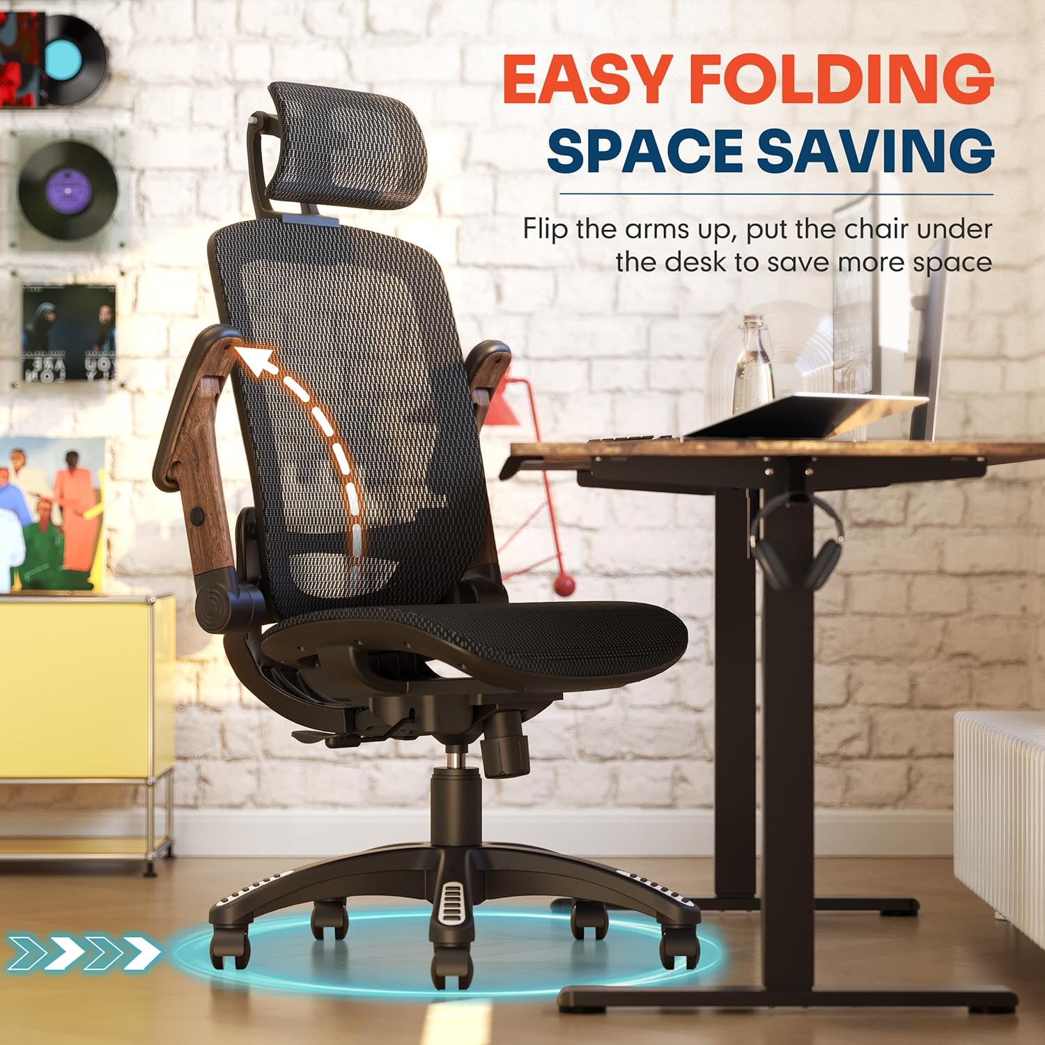 GABRYLLY Ergonomic Office Chair, High Back Home Desk Chair with Headrest, Flip-Up Arms, 90-120° Tilt Lock and Wide Cushion, Big and Tall Mesh Chairs for Man Woman, Grey Task Chair