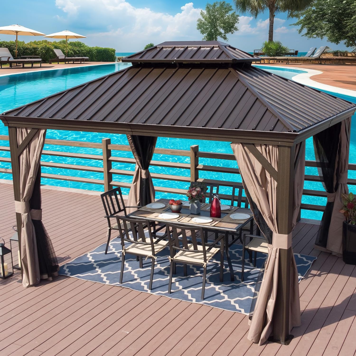 Kozyard Alexander 10' X 12' Hardtop, Aluminum Metal Gazebo with Galvanized Steel Double Roof Canopy, Curtain and Netting, Permanent Pavilion for Patio, Backyard, Deck, Lawn (Gray)
