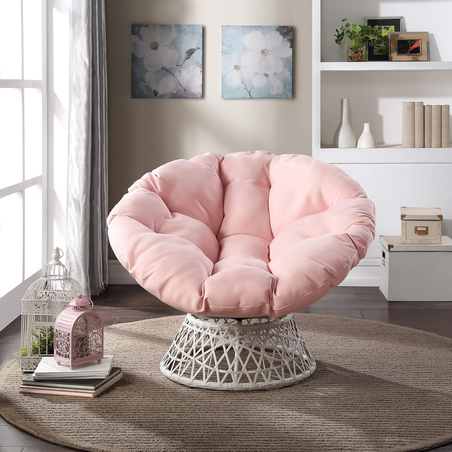 OSP Home Furnishings Wicker Papasan Chair with 360-Degree Swivel, Brown Frame with Brown Cushion