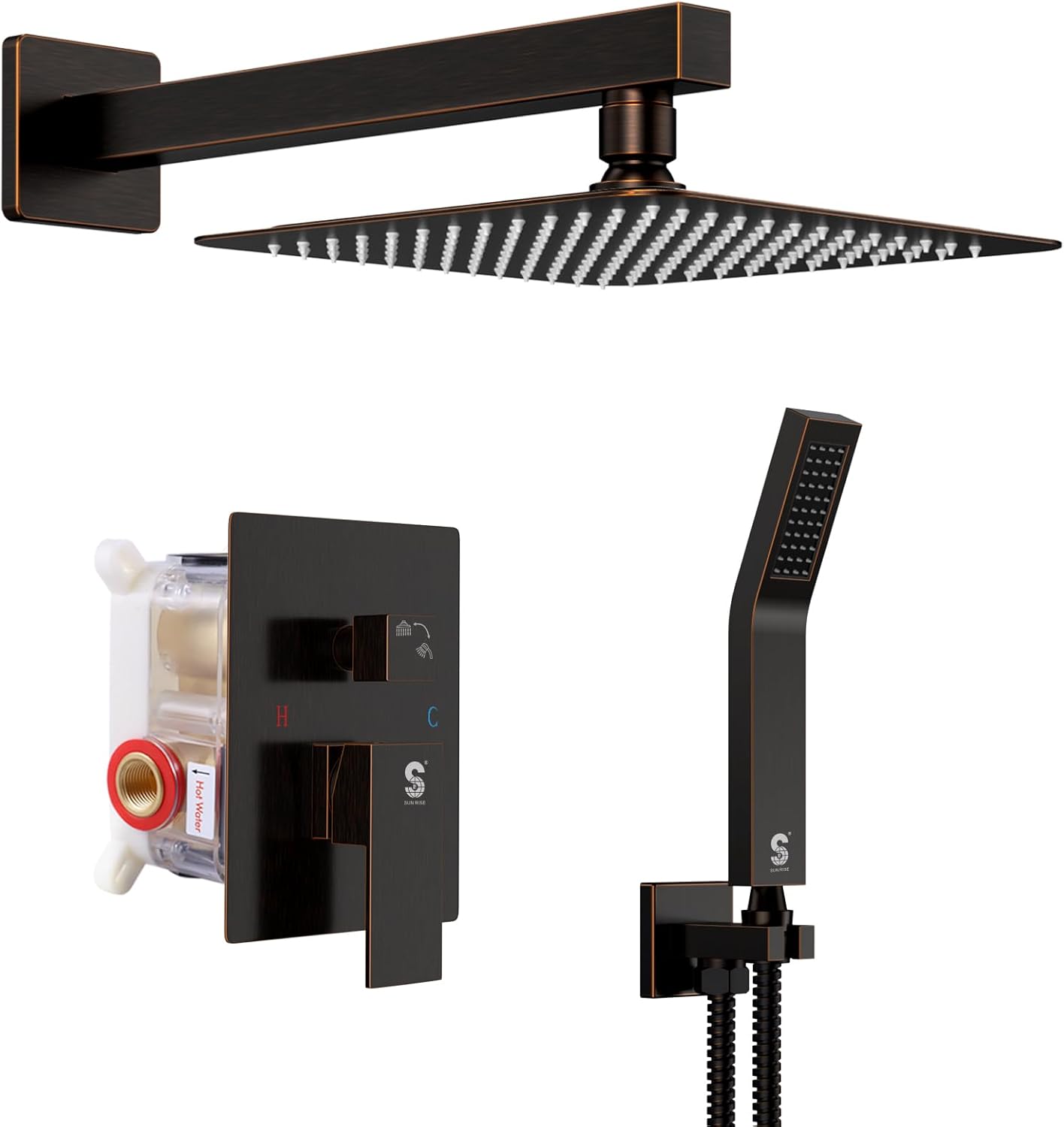 SR SUN RISE 12 Inches Matte Black Shower System 12 Inch Brass Bathroom Luxury Rain Mixer Shower Combo Set Wall Mounted Rainfall Shower Head System Shower Faucet Rough-in Valve Body and Trim Included