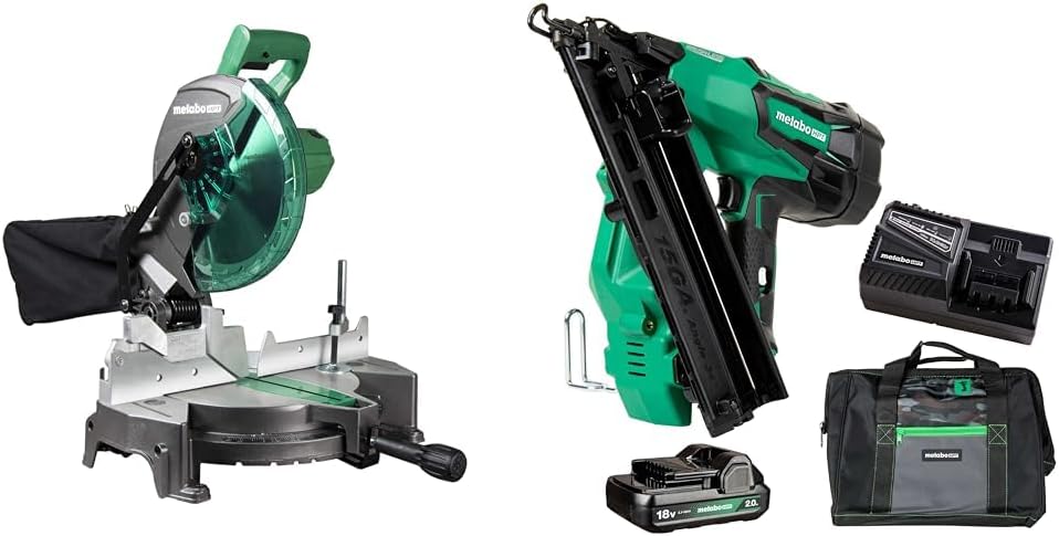 Bundle of Metabo HPT Compound Miter Saw, 10" Miter Saw with Large Table Saw for woodworking, C10FCGS + Metabo HPT 25 Ft Tape Measure, 17-Ft Reach & 14-Ft Standout, 115925M