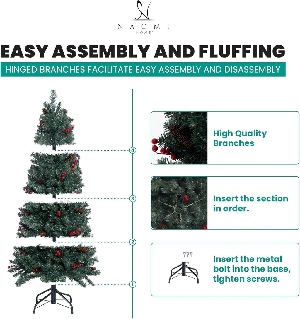 Naomi Home 6.5ft Rustic Christmas Tree with Lights, Realistic Classic Prelit with 2595 Branch Tips, 600 Warm Lights and Metal Stand, Aritificial Tree