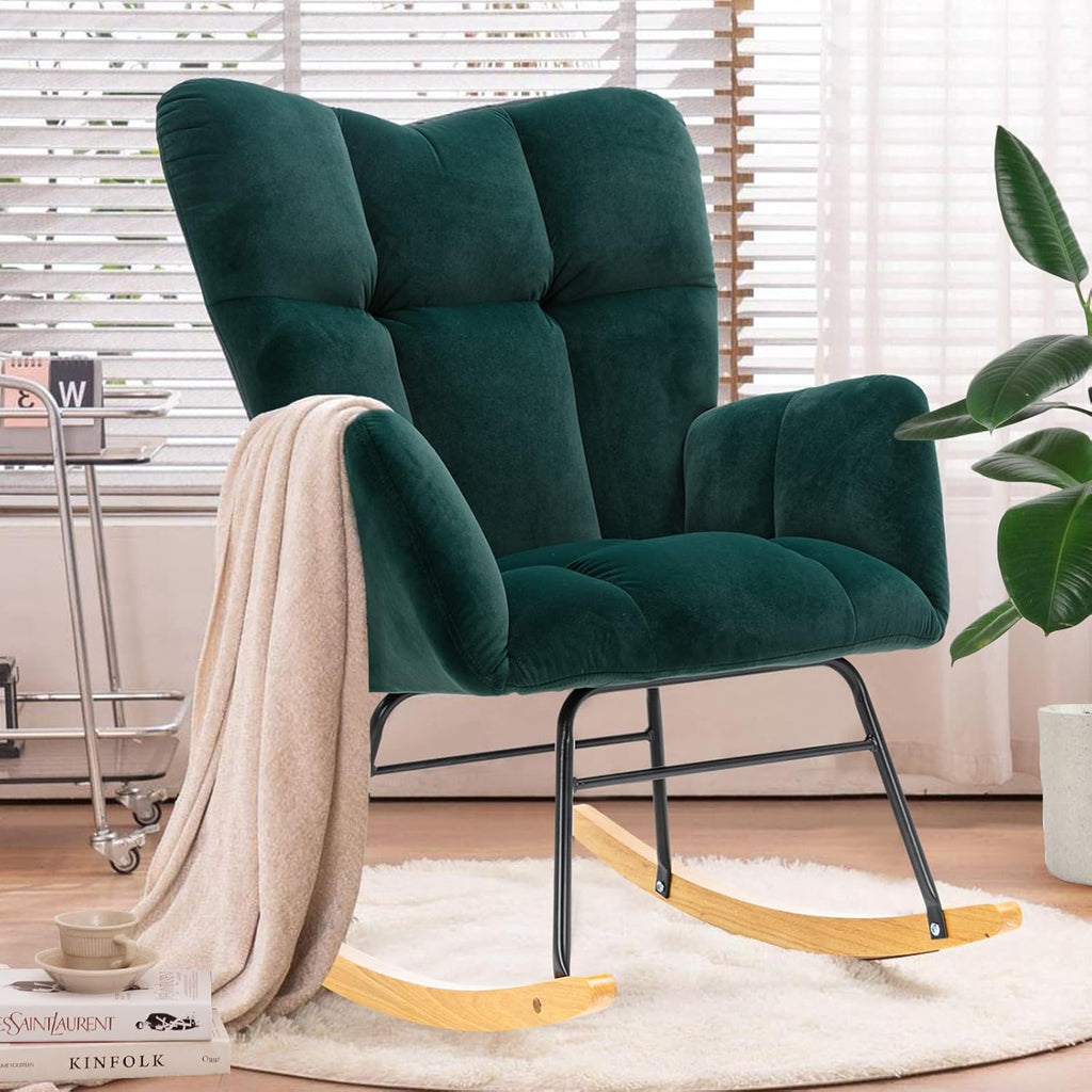 NIOIIKIT Nursery Rocking Chair Teddy Upholstered Glider Rocker Rocking Accent Chair Padded Seat with High Backrest Armchair Comfy Side Chair for Living Room Bedroom Offices (Ivory Teddy)
