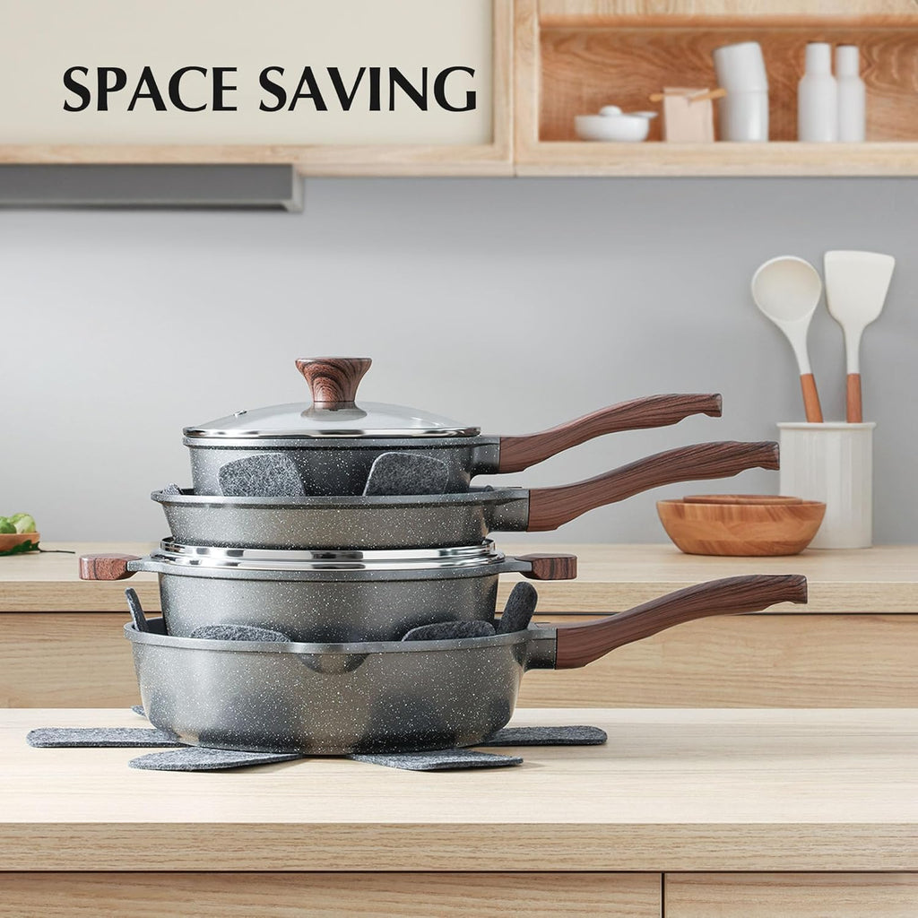 SENSARTE Nonstick Cookware Set 13-Piece, Healthy Pots and Pans Set Non-toxic Kitchen Cooking Set with Granite Coating, Stay-Cool Handles, Silicone Utensils and Pot Protectors, PFOA Free