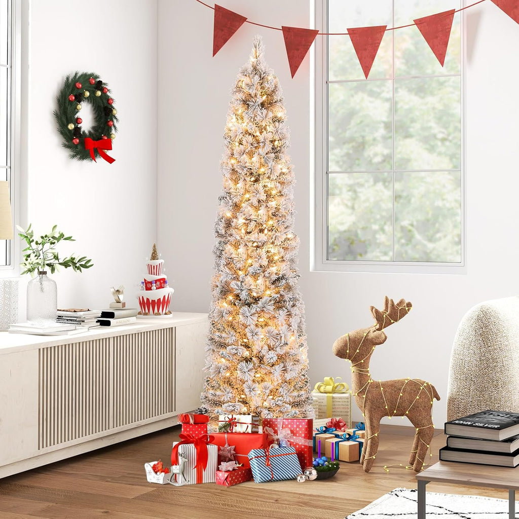 Goplus 7ft Artificial White Christmas Tree Xmas Pine Tree with Solid Metal Legs Perfect for Indoor and Outdoor Holiday Decoration