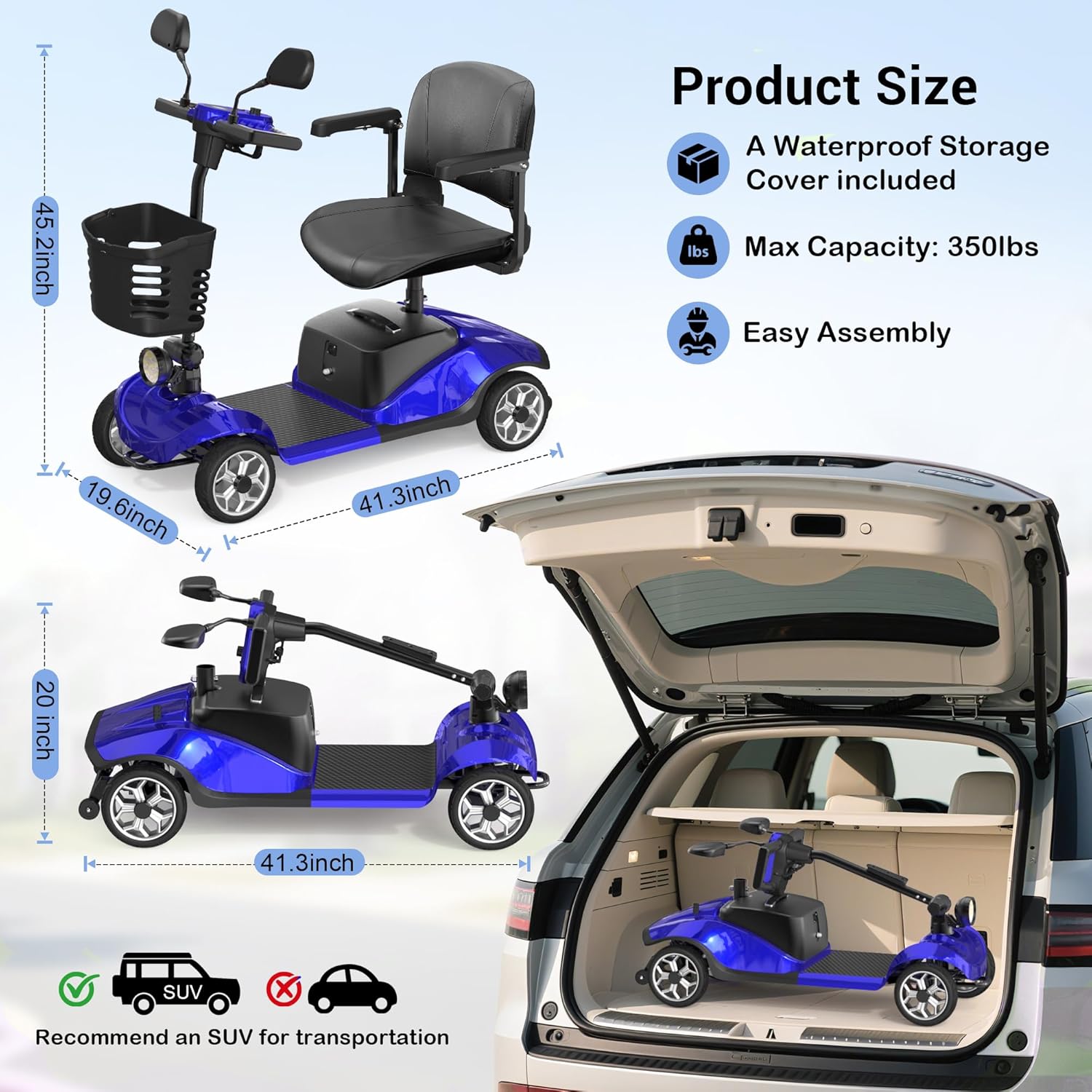 4-Wheel Mobility Scooter for Seniors, Foldable Electric Scooter, Lightweight Powered Electric Wheelchair, Compact Heavy Duty Scooter with Electromagnetic Brake, Rotating Seat, 350LBS Capacity-Red