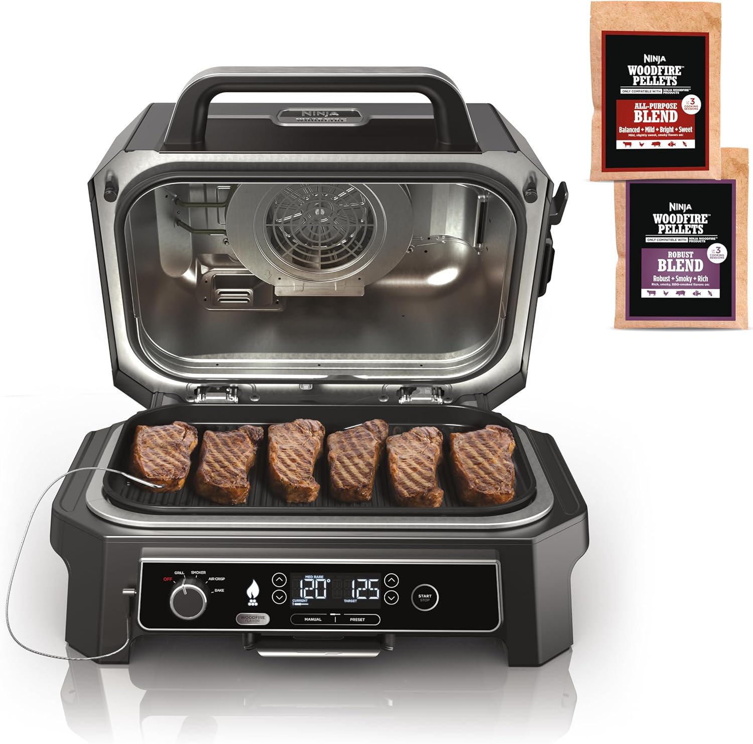 Ninja OG951 Woodfire Pro Connect Premium XL Outdoor Grill & Smoker, Bluetooth, App Enabled, 7-in-1 Master Grill, BBQ Smoker, Outdoor Air Fryer, Woodfire Technology, 2 Built-In Thermometers, Black