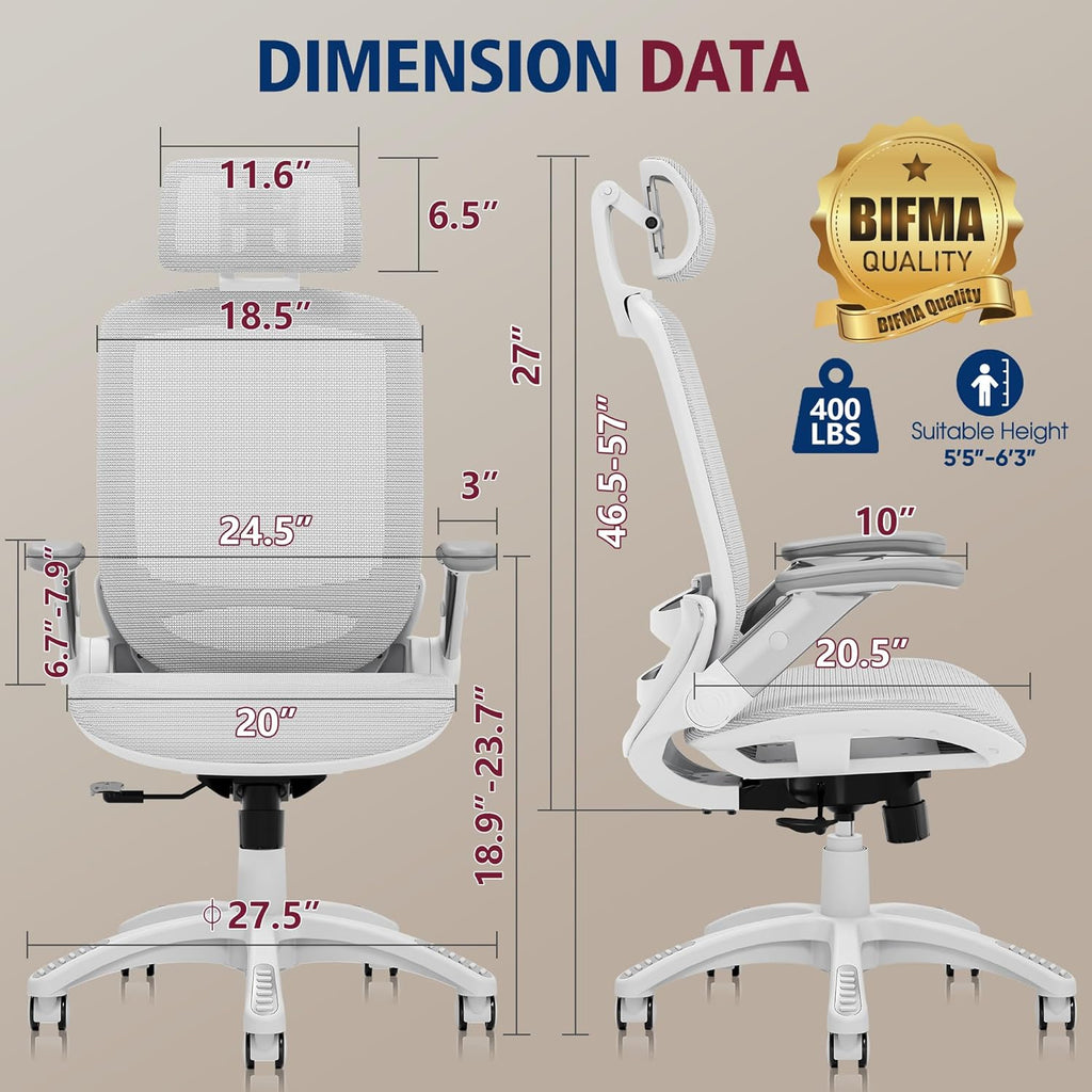 GABRYLLY Ergonomic Office Chair, High Back Home Desk Chair with Headrest, Flip-Up Arms, 90-120° Tilt Lock and Wide Cushion, Big and Tall Mesh Chairs for Man Woman, Grey Task Chair