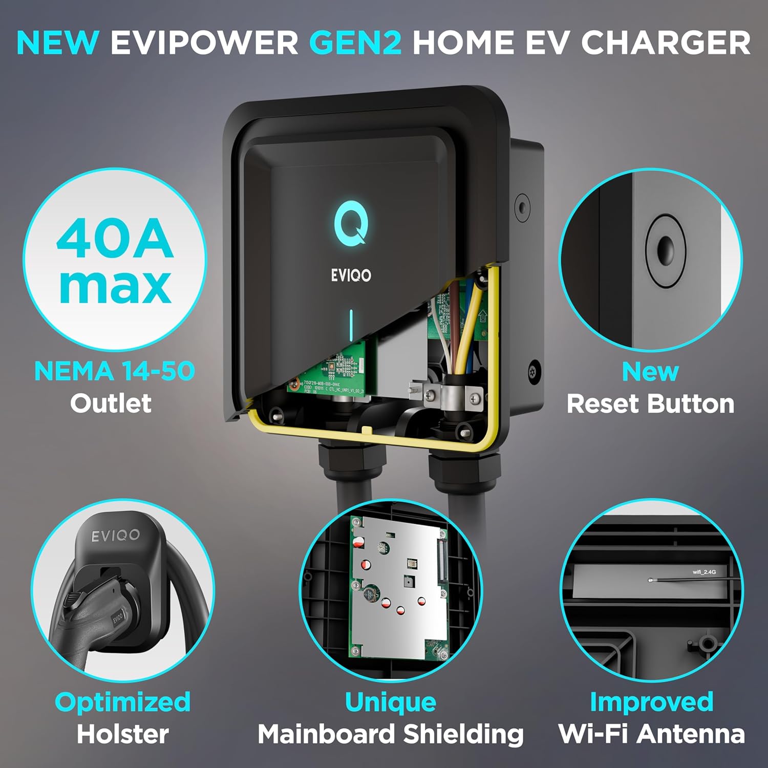 EVIQO Level 2 EV Charger 40 Amp - 9.6 kW 240V Wall EV Charger Level 2 for Home, NEMA 14-50 Plug, J1772 25' Cable, Enhanced Wi-Fi – UL, ETL Certified EVSE, Smart Car EV Charging Station – GEN 2