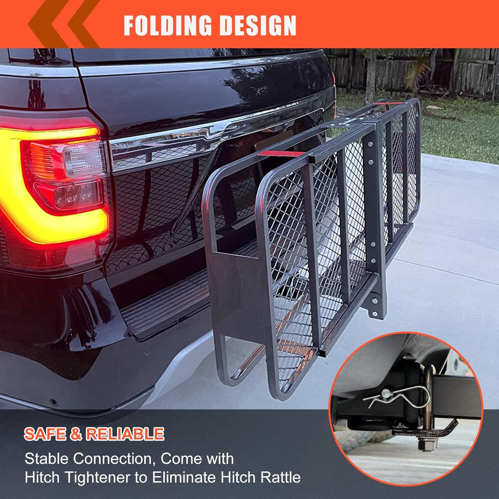 MeeFar High Rail Trailer Folding Hitch Mount Cargo Carrier Basket 60" X 24" X 14"+Waterproof Cargo Bag 20 cu ft(59" 24" 24"), Capacity of 500 Lbs with Hitch Stabilizer, Net, Lock and Straps
