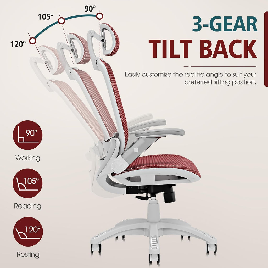 GABRYLLY Ergonomic Office Chair, High Back Home Desk Chair with Headrest, Flip-Up Arms, 90-120° Tilt Lock and Wide Cushion, Big and Tall Mesh Chairs for Man Woman, Grey Task Chair