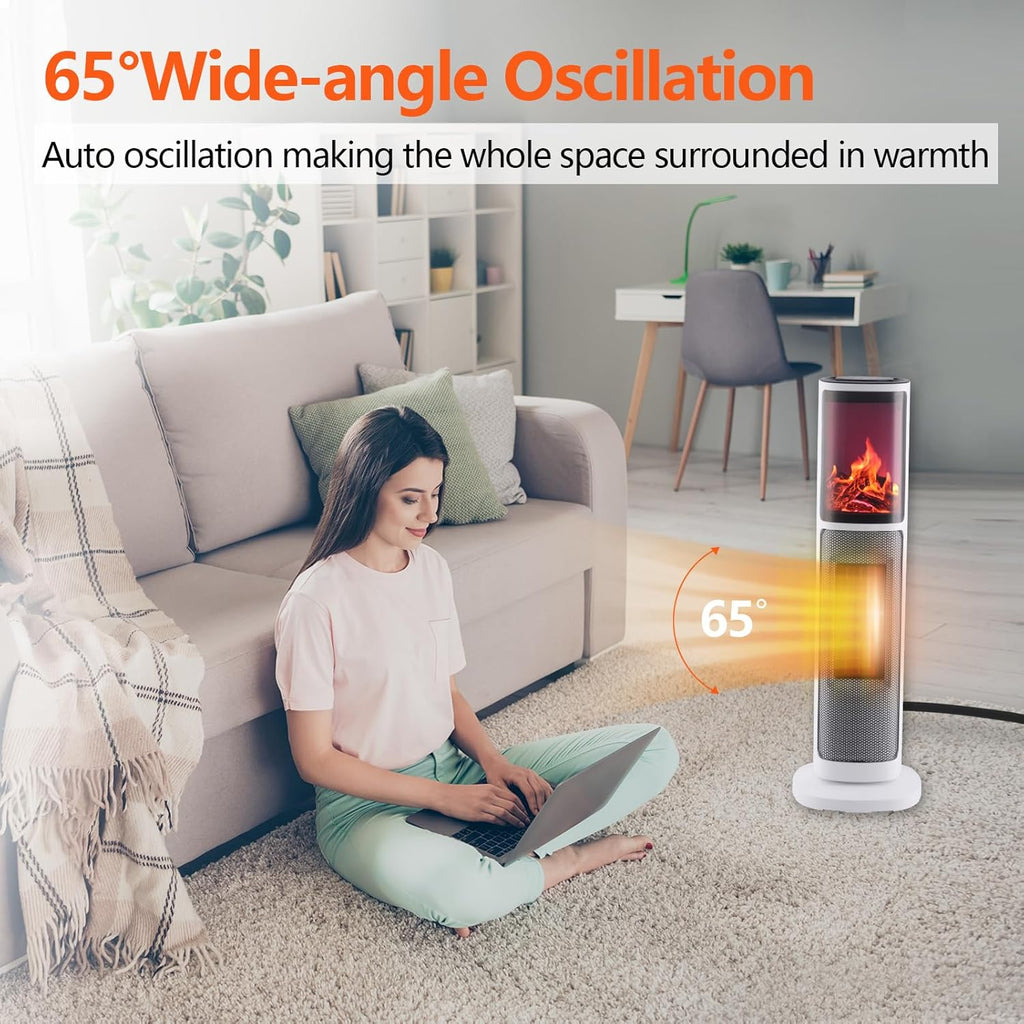 Tower Heater for Indoor Use, 750/1500W Ceramic Space Heater with Thermostat&Oscillating, Digital Space Heater with Realistic 3D Flame, Timer and Remote Control