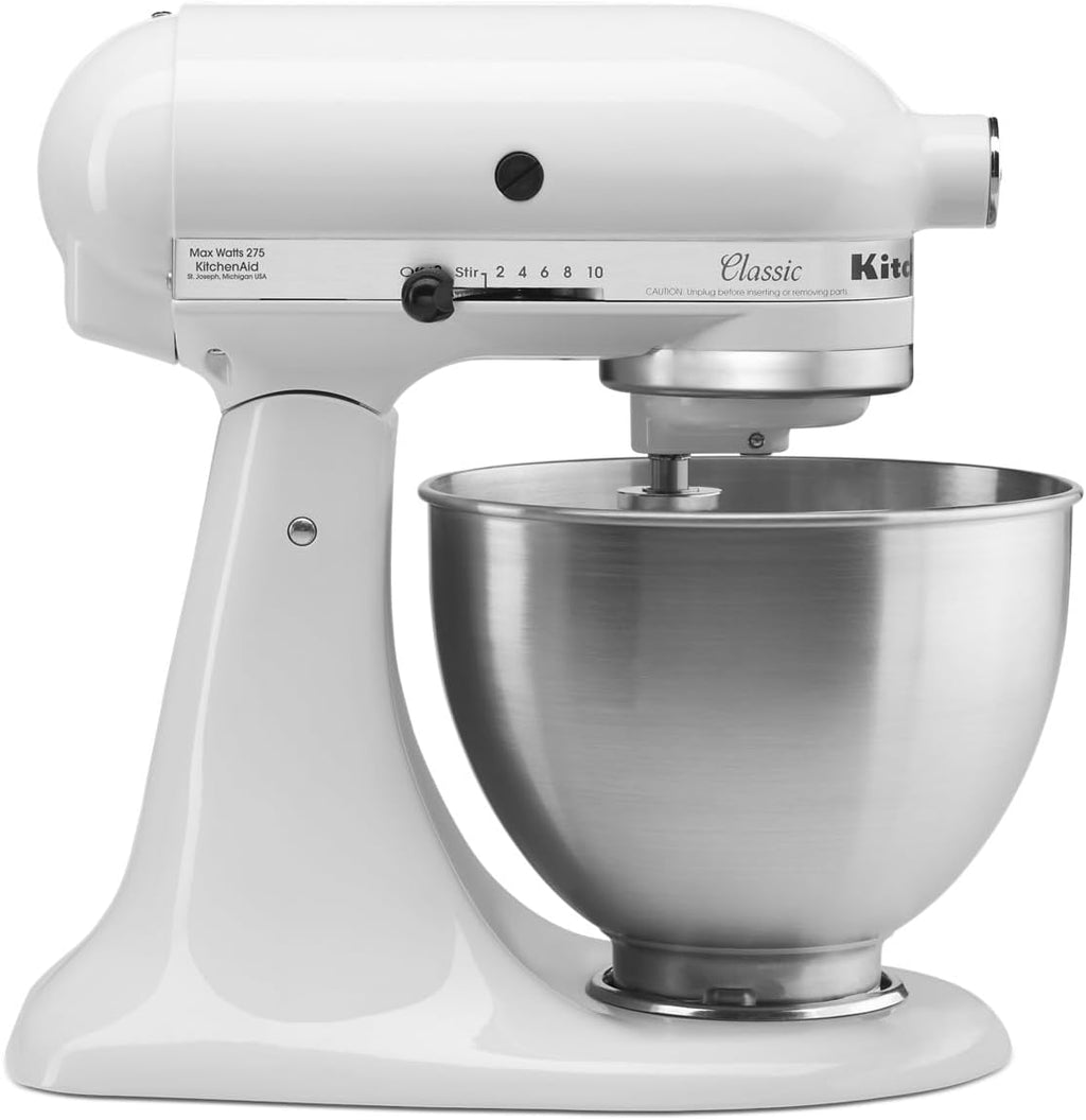 KitchenAid Classic Series 4.5 Quart Tilt-Head Stand Mixer K45SS, White & ® Food Grinder + Fresh Prep Slicer/Shredder Attachment Bundle, White