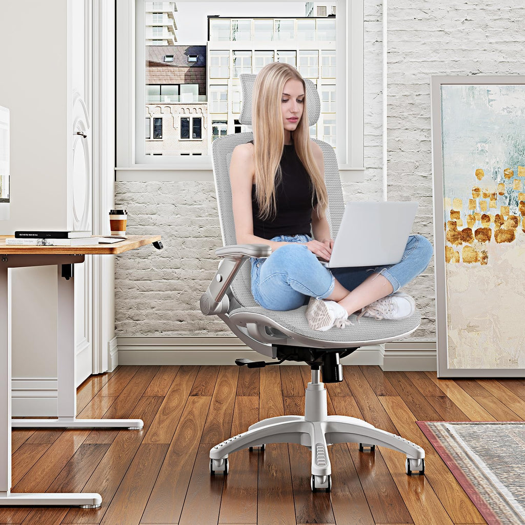 GABRYLLY Ergonomic Office Chair, High Back Home Desk Chair with Headrest, Flip-Up Arms, 90-120° Tilt Lock and Wide Cushion, Big and Tall Mesh Chairs for Man Woman, Grey Task Chair