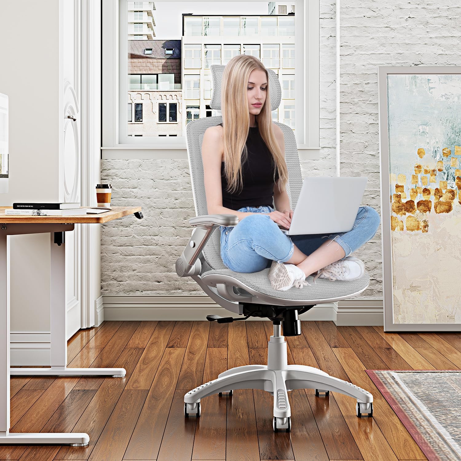 GABRYLLY Ergonomic Office Chair, High Back Home Desk Chair with Headrest, Flip-Up Arms, 90-120° Tilt Lock and Wide Cushion, Big and Tall Mesh Chairs for Man Woman, Grey Task Chair