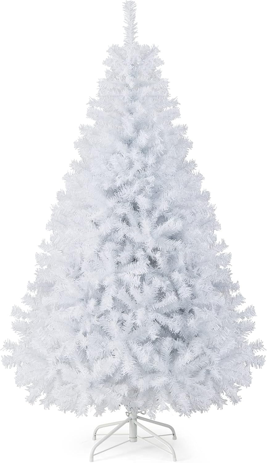 Goplus 7ft Artificial White Christmas Tree Xmas Pine Tree with Solid Metal Legs Perfect for Indoor and Outdoor Holiday Decoration