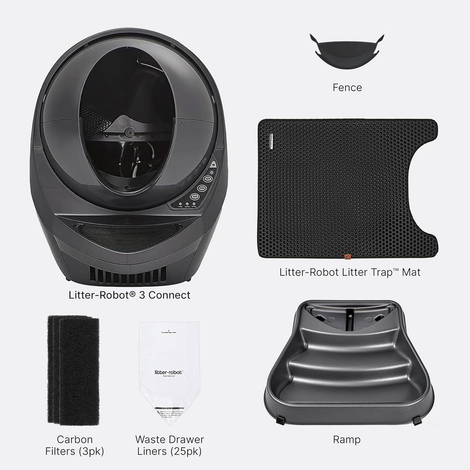 Whisker Litter-Robot 3 Core Bundle (Grey) - Self-Cleaning Cat Litter Box, Includes Litter-Robot, Mat, Fence, Ramp, (25) Liners & (3) Carbon Filters, Complimentary 1-Year Care Warranty