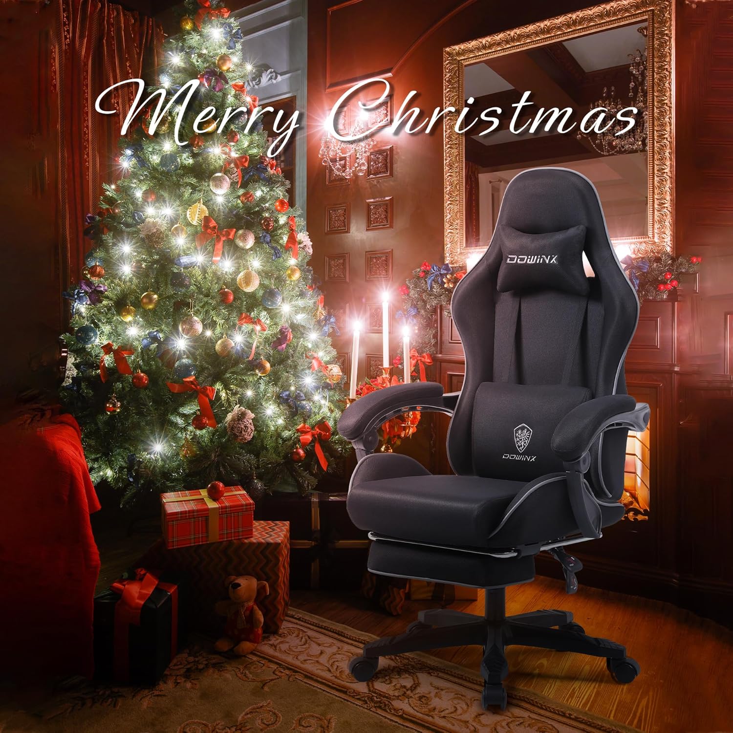 Dowinx Gaming Chair Fabric with Pocket Spring Cushion, Massage Game Chair Cloth with Headrest, Ergonomic Computer Chair with Footrest 290LBS, Blue and Grey