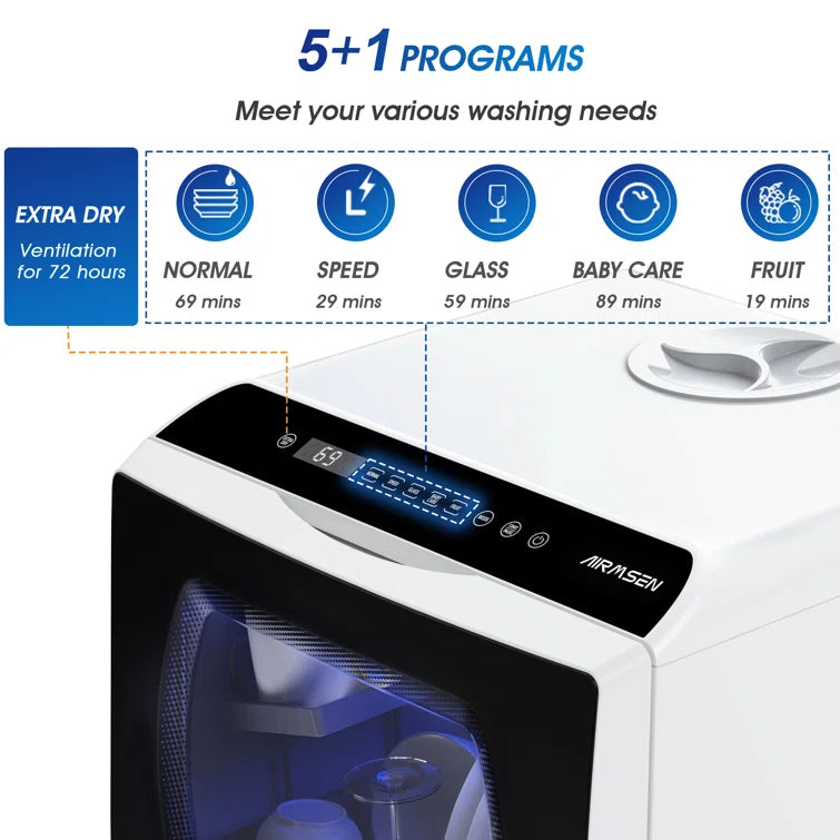 AIRMSEN 16.8" 50 dBA Portable Countertop Dishwasher with 5L Built-in Water Tank