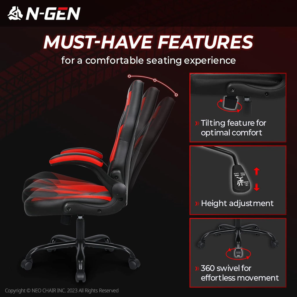 N-GEN Video Gaming Computer Chair Ergonomic Office Chair Desk Chair with Lumbar Support Flip Up Arms Adjustable Height Swivel PU Leather Executive with Wheels for Adults Women Men (Pink)