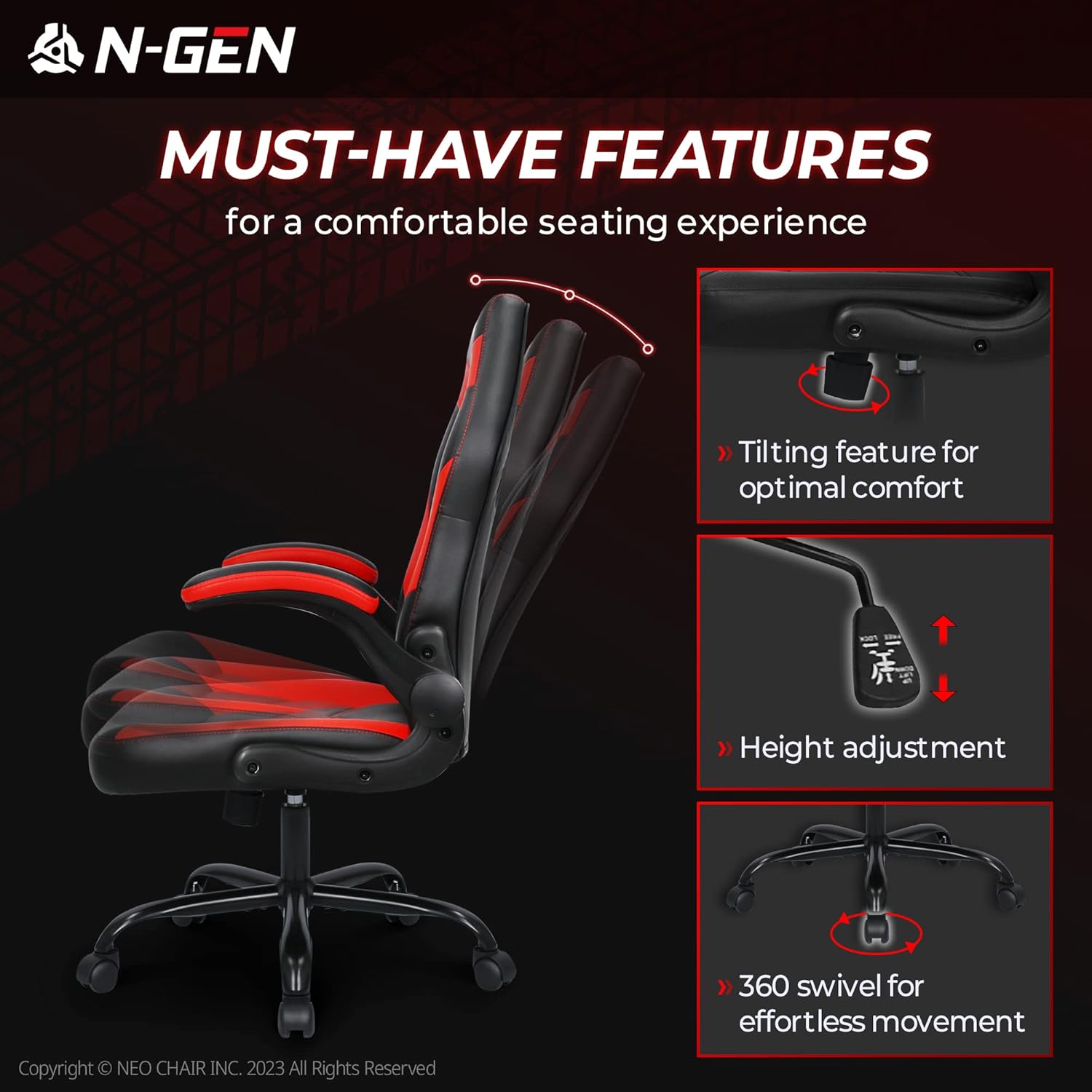 N-GEN Video Gaming Computer Chair Ergonomic Office Chair Desk Chair with Lumbar Support Flip Up Arms Adjustable Height Swivel PU Leather Executive with Wheels for Adults Women Men (Pink)