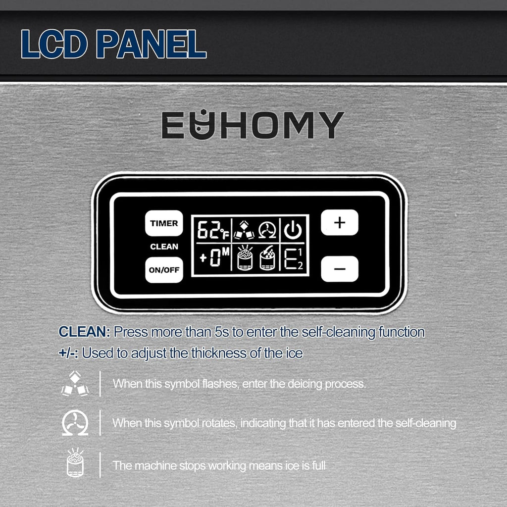 EUHOMY Commercial Ice Maker Machine, 200lbs Daily Output, Under Counter ice Machine with 65lbs Ice Storage Capacity, Perfect for Home/Bar/Restaurant/Outdoor Activities(Stainless Steel)