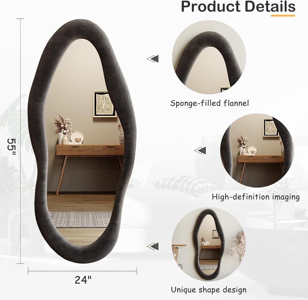 Honyee Full Length Mirror, 63" x 24" Wall Mirror, Flannel Wrapped Wooden Frame Full Body Mirror, Irregular Wavy Mirror Hanging or Leaning Against Wall for Cloakroom/Bedroom/Living Room, Ivory White