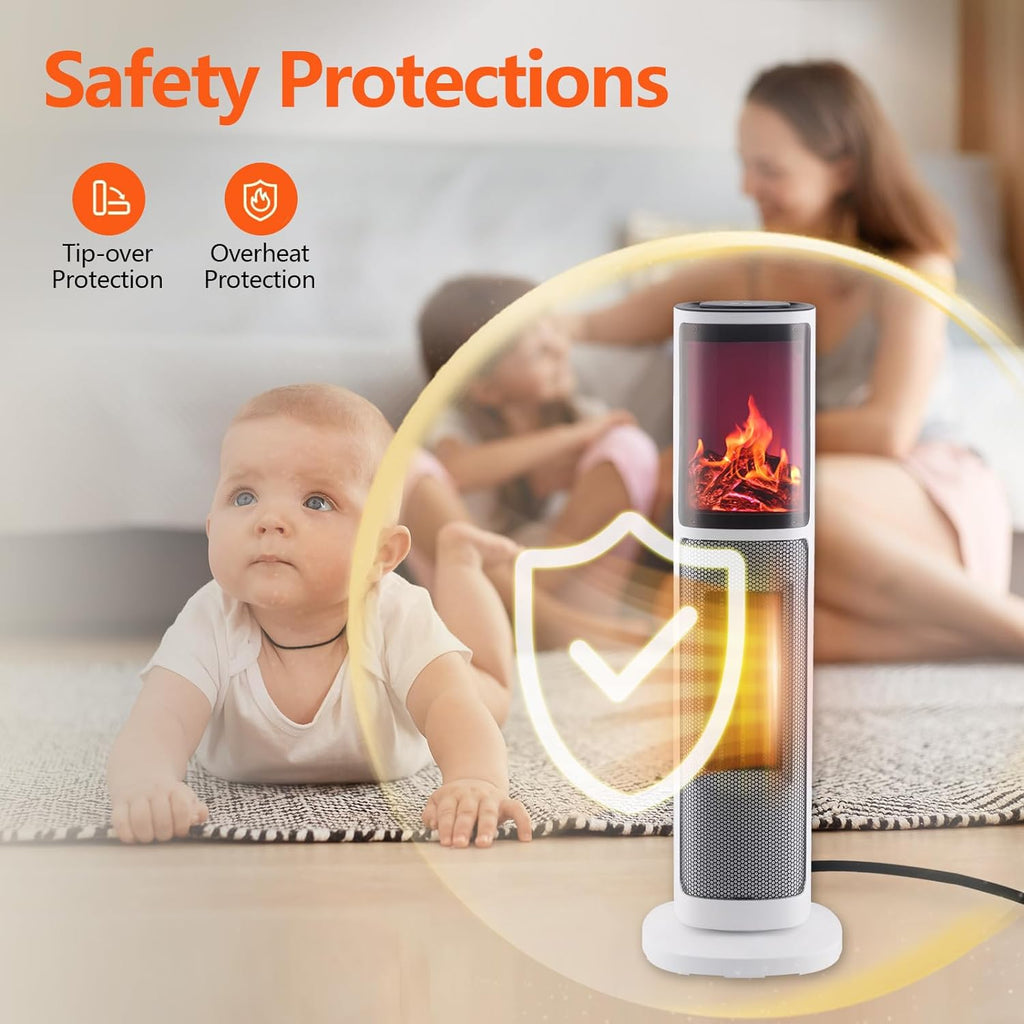 Tower Heater for Indoor Use, 750/1500W Ceramic Space Heater with Thermostat&Oscillating, Digital Space Heater with Realistic 3D Flame, Timer and Remote Control