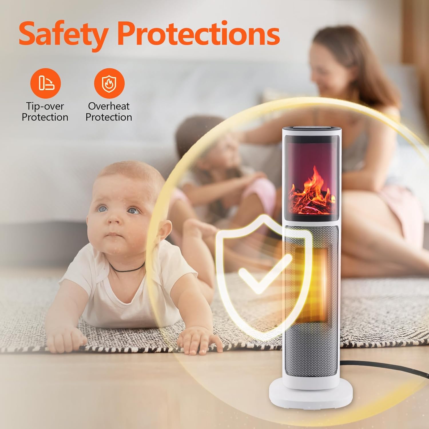 Tower Heater for Indoor Use, 750/1500W Ceramic Space Heater with Thermostat&Oscillating, Digital Space Heater with Realistic 3D Flame, Timer and Remote Control