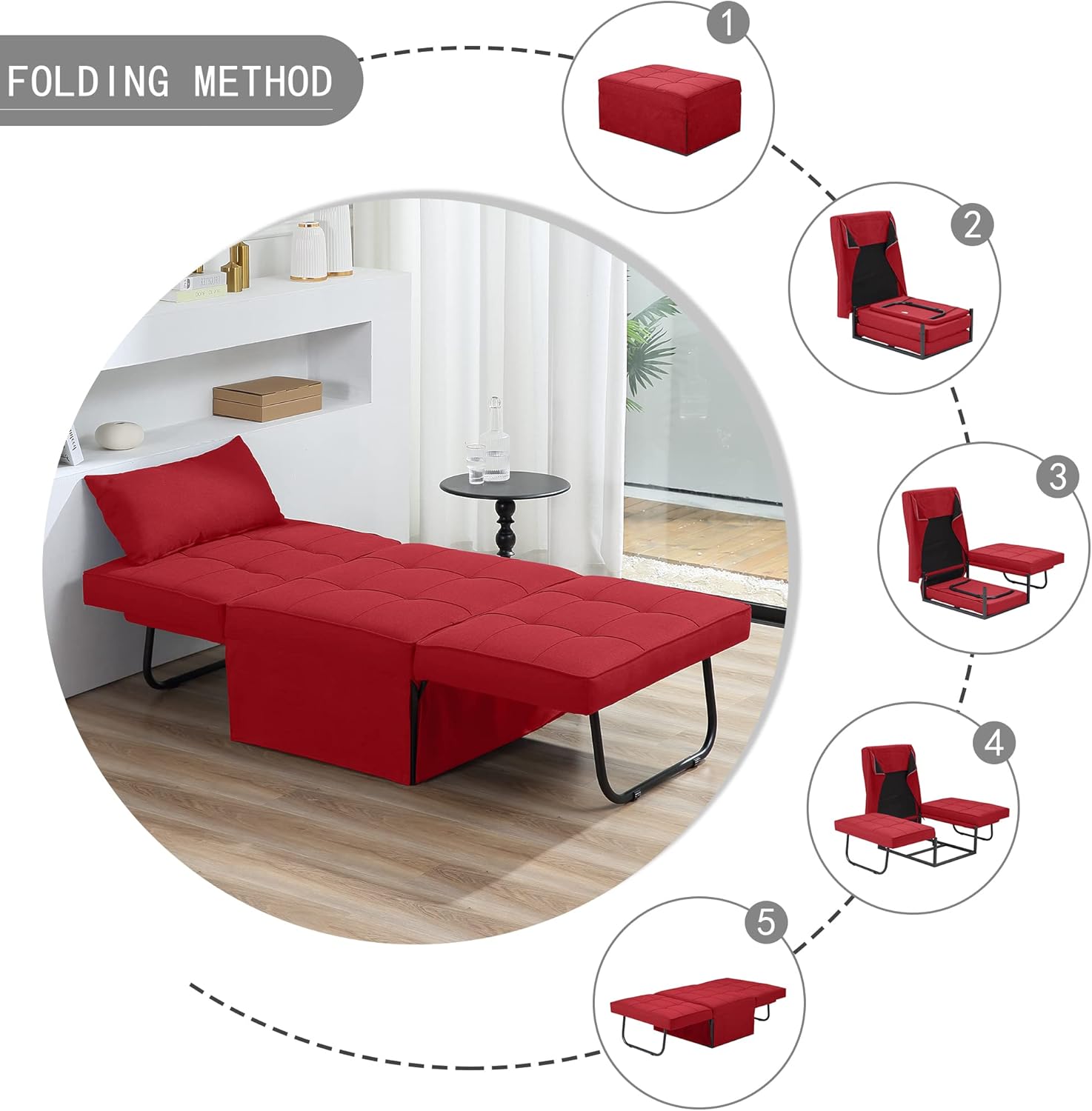 Sofa Bed, 4 in 1 Multi-Function Folding Ottoman Breathable Linen Couch Bed with Adjustable Backrest Modern Convertible Chair for Living Room Apartment Office