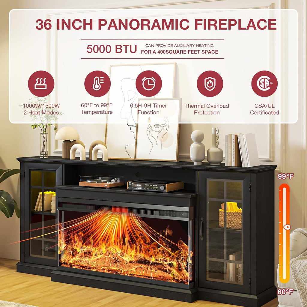 oneinmil 59'' Fireplace TV Stand, 3 Sided Glass Media Entertainment Center Console Table for TVs up to 65'' with Glass Door Adjustable Flame LED Color for Living Room, Set of TV Table, White
