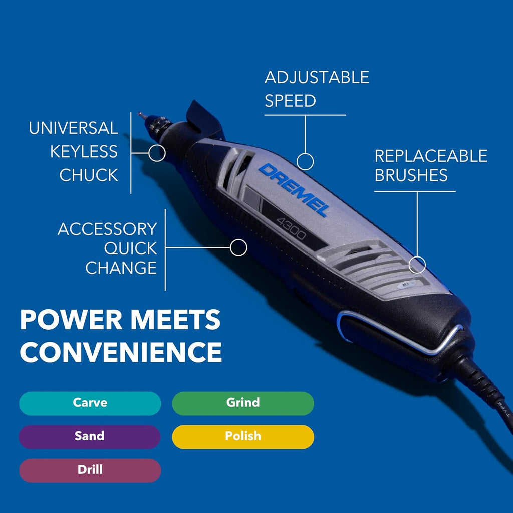 Dremel 4300-9/64 Versatile Rotary Tool Kit with Flex Shaft - 9 Attachments & 64 Accessories - Ideal for Engraving, Etching, Sanding, and Polishing
