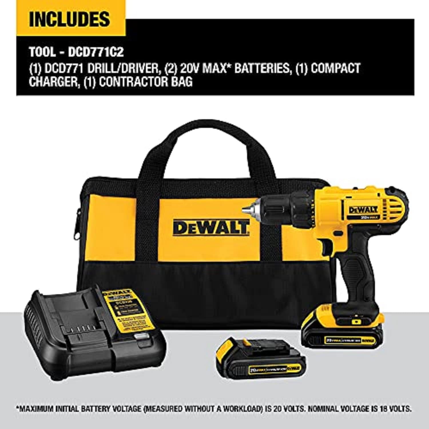 Dewalt DCD771C2 20V MAX Cordless Lithium-Ion 1/2 inch Compact Drill Driver Kit and 4-1/2” grinder (Tool Only)