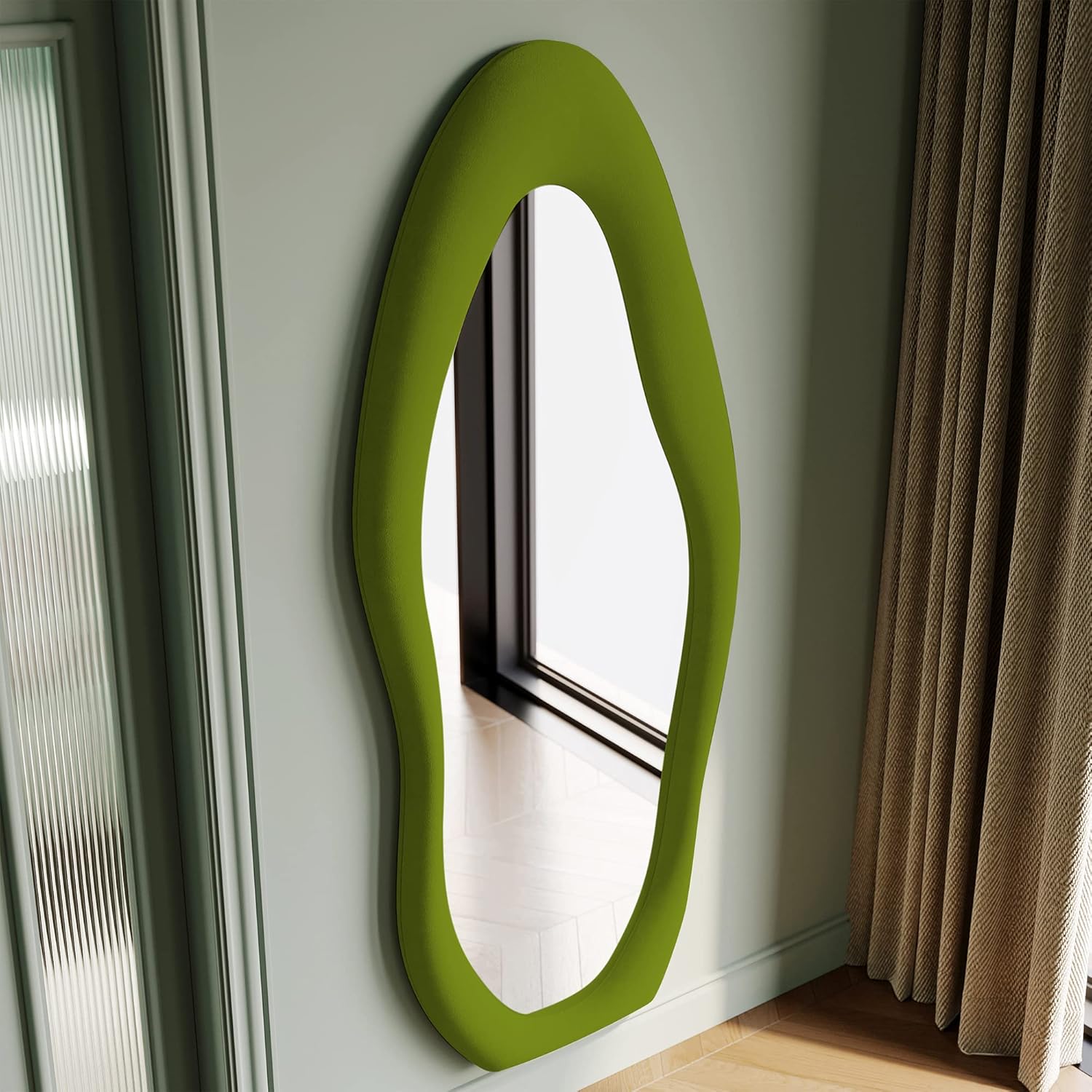 Honyee Full Length Mirror, 63" x 24" Wall Mirror, Flannel Wrapped Wooden Frame Full Body Mirror, Irregular Wavy Mirror Hanging or Leaning Against Wall for Cloakroom/Bedroom/Living Room, Ivory White