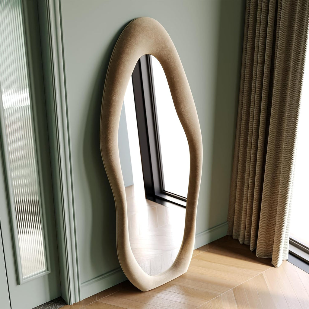 Honyee Full Length Mirror, 63" x 24" Wall Mirror, Flannel Wrapped Wooden Frame Full Body Mirror, Irregular Wavy Mirror Hanging or Leaning Against Wall for Cloakroom/Bedroom/Living Room, Ivory White