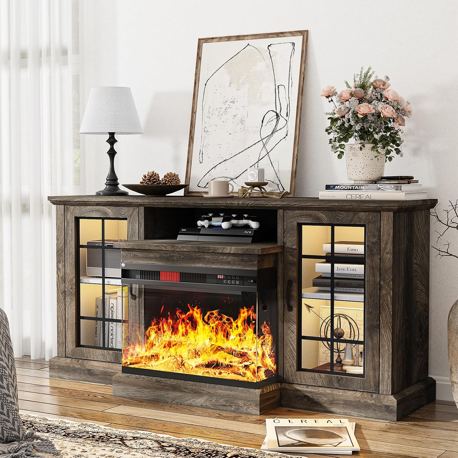 oneinmil 59'' Fireplace TV Stand, 3 Sided Glass Media Entertainment Center Console Table for TVs up to 65'' with Glass Door Adjustable Flame LED Color for Living Room, Set of TV Table, White