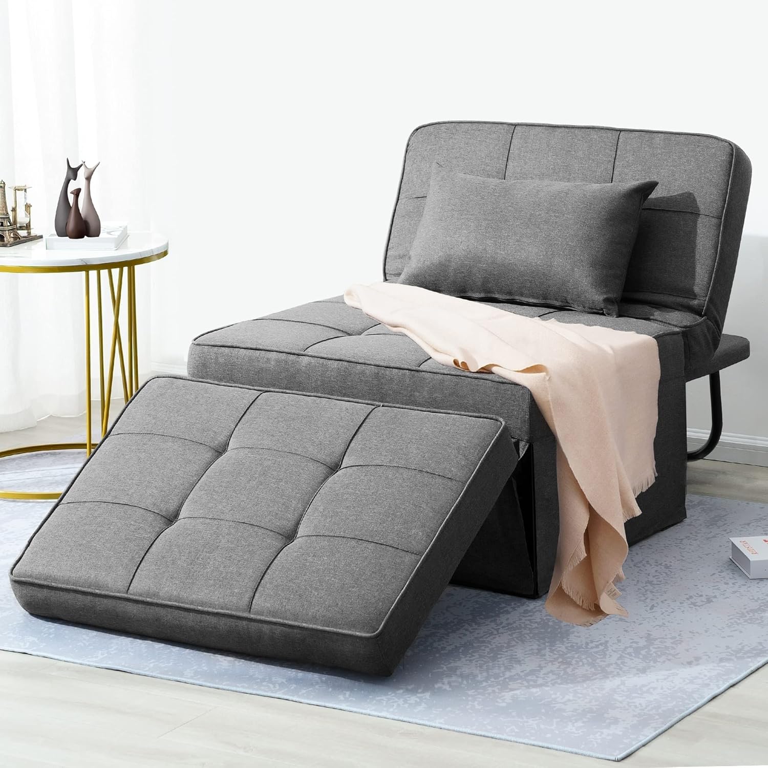 Sofa Bed, 4 in 1 Multi-Function Folding Ottoman Breathable Linen Couch Bed with Adjustable Backrest Modern Convertible Chair for Living Room Apartment Office