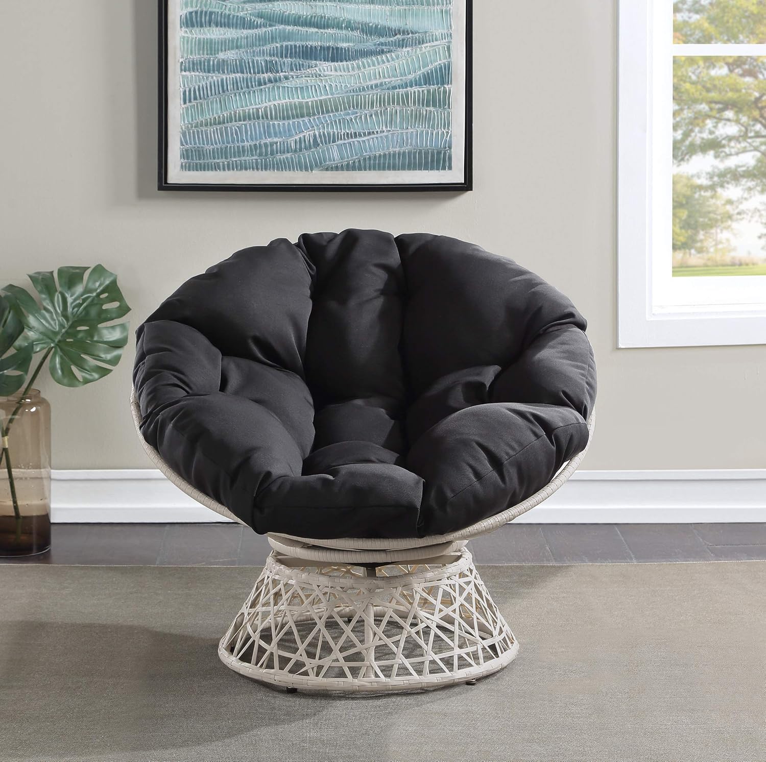 OSP Home Furnishings Wicker Papasan Chair with 360-Degree Swivel, Brown Frame with Brown Cushion