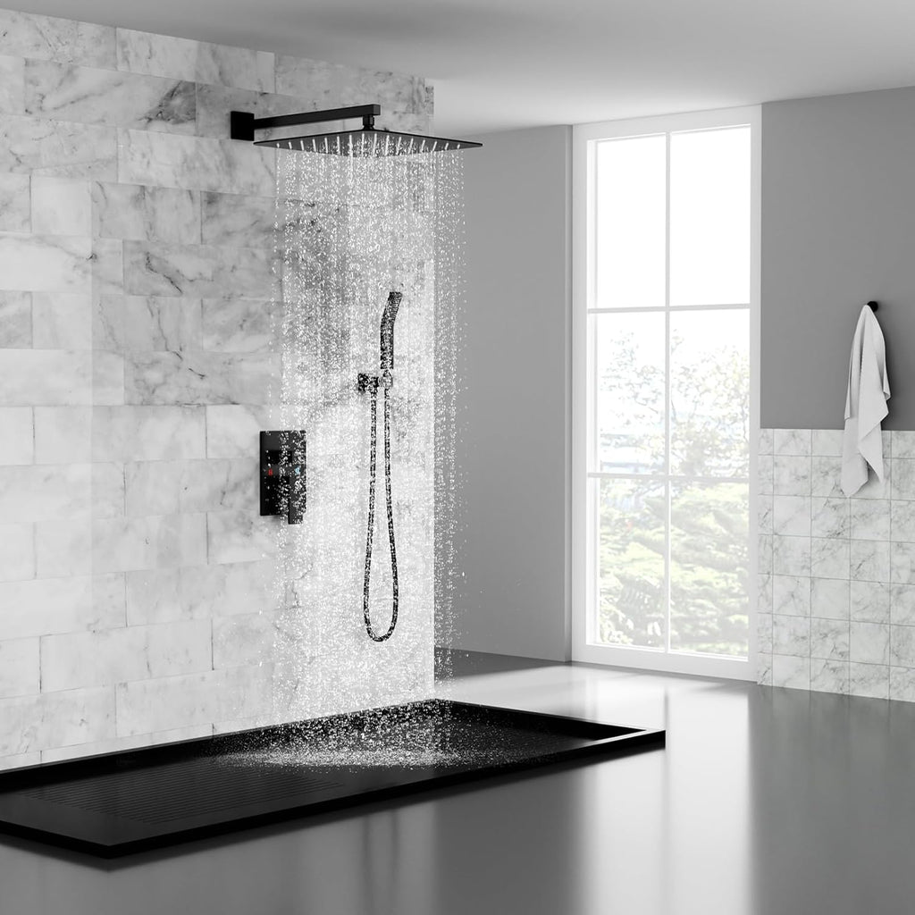 SR SUN RISE 12 Inches Matte Black Shower System 12 Inch Brass Bathroom Luxury Rain Mixer Shower Combo Set Wall Mounted Rainfall Shower Head System Shower Faucet Rough-in Valve Body and Trim Included