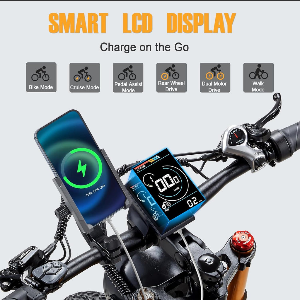 Dual Motor 2000W/1000W Electric Bike for Adult 48V 30AH/20Ah Removable Battery Up to &120 Miles Long Range 26"Fat Tire Off Road Mountain Full Suspension Electric Bicycle,Adjustable Stem,UL Certified