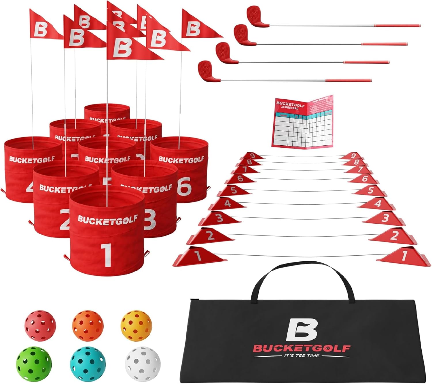 bucketgolf Game 9 Hole Bundle with Clubs - Outdoor Golf Game for All Ages Adults, Kids, Family. Play Golf Anywhere Yards, Beach, Park, Backyard Game. (2 Clubs (2 RH))
