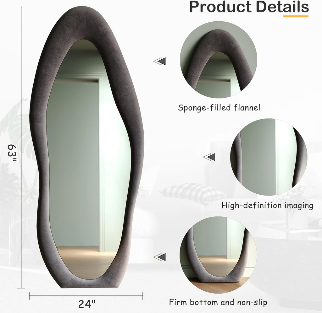 Honyee Full Length Mirror, 63" x 24" Wall Mirror, Flannel Wrapped Wooden Frame Full Body Mirror, Irregular Wavy Mirror Hanging or Leaning Against Wall for Cloakroom/Bedroom/Living Room, Ivory White