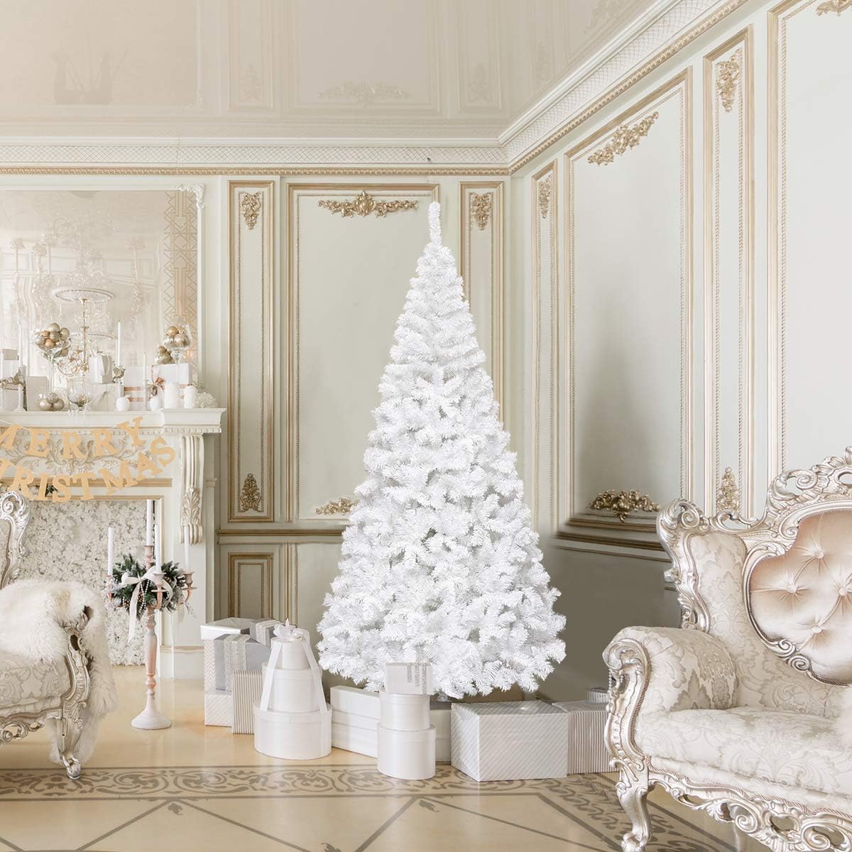 Goplus 7ft Artificial White Christmas Tree Xmas Pine Tree with Solid Metal Legs Perfect for Indoor and Outdoor Holiday Decoration