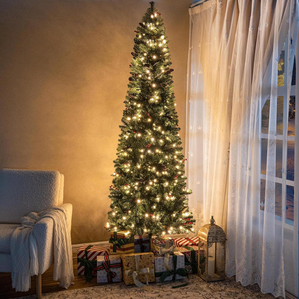 Naomi Home 6.5ft Rustic Christmas Tree with Lights, Realistic Classic Prelit with 2595 Branch Tips, 600 Warm Lights and Metal Stand, Aritificial Tree