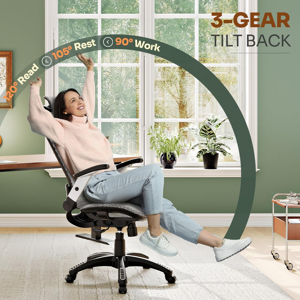 GABRYLLY Ergonomic Office Chair, High Back Home Desk Chair with Headrest, Flip-Up Arms, 90-120° Tilt Lock and Wide Cushion, Big and Tall Mesh Chairs for Man Woman, Grey Task Chair