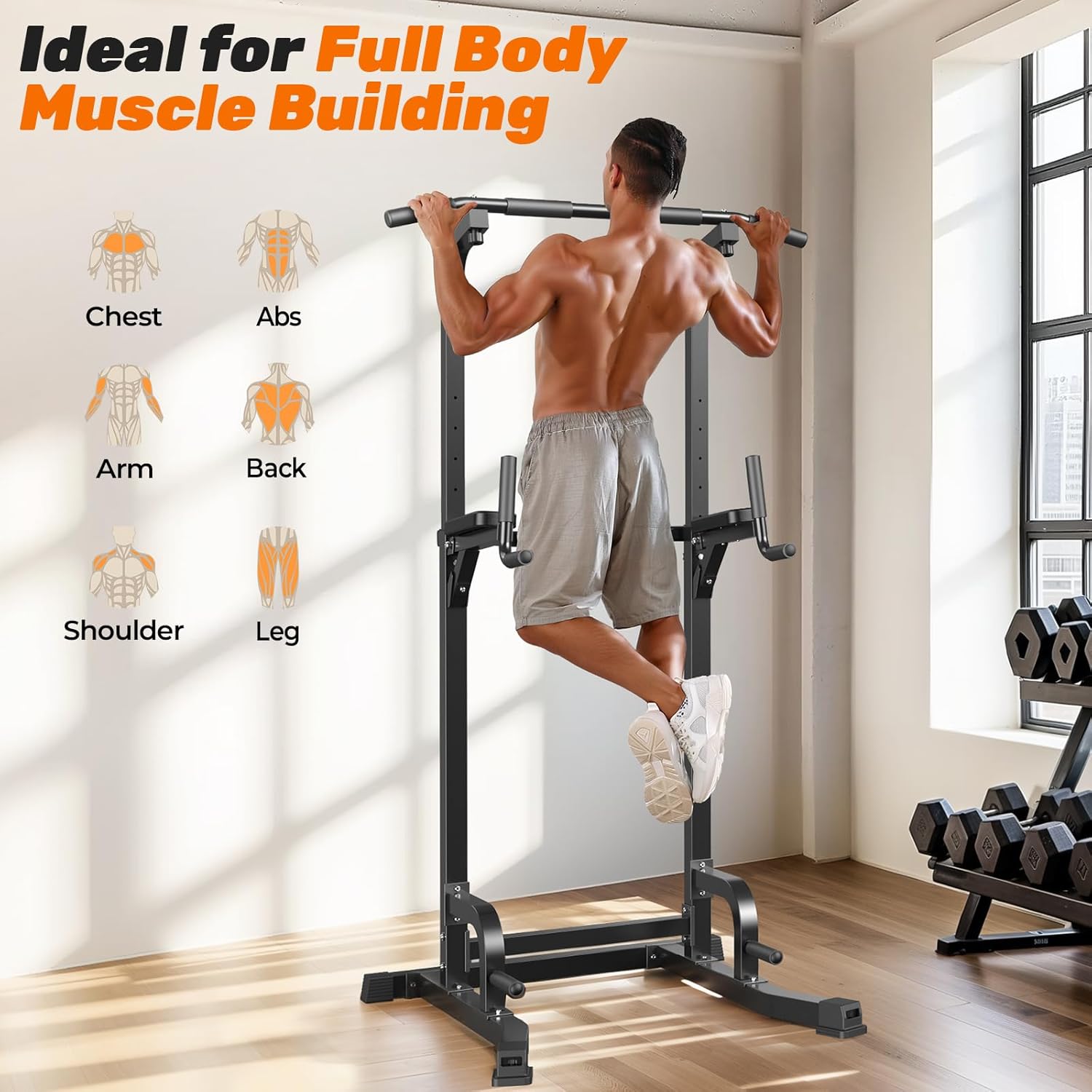 Sportsroyals Pull Up Bar Dip Station Power Tower Assistive Trainer Multi-Function Home Gym Strength Training Fitness Equipment 450LBS